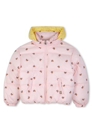 Doudoune enfant rose clair avec des imprimés croissants marron, fermeture éclair frontale, deux poches, poignets élastiques et doublure de capuche jaune.