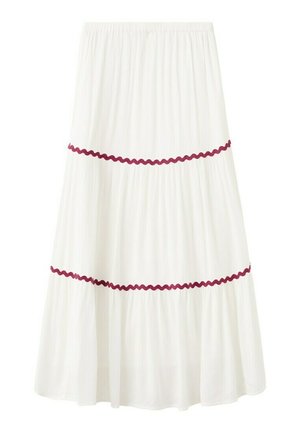 Falda midi blanca plisada con cinturilla elástica y dos bandas horizontales onduladas de color rojo alrededor de la parte inferior.