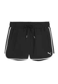 Pantaloni sportivi neri con elastico in vita, cordoncino e dettagli bianchi sui lati. Presentano un piccolo logo in basso a destra.