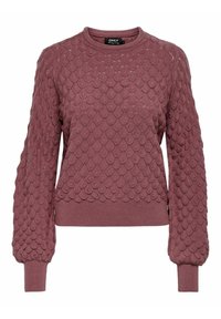 Bordeauxfarbener Pullover mit einem strukturierten, geschichteten Design, das Schuppen ähnelt. Er hat einen runden Halsausschnitt sowie hervorstehende Bündchen und einen Bündchenabschluss.