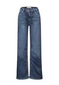 Jeans de mezclilla de pierna ancha en azul oscuro, que cuentan con un diseño clásico de cinco bolsillos, cierre de botón y un sutil desgastado para dar textura.