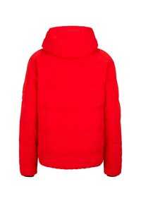 Red puffer jacket with a hood, featuring a quilted design and elastic cuffs. Smooth fabric texture, no visible logos or accents.