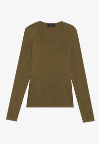 Olivenfarbene Langarmbluse aus weichem Material, mit weitem Rundhalsausschnitt und einfachem Saum. Glatte Textur ohne sichtbare Muster.