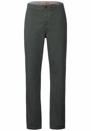 Pantaloni casual verde scuro realizzati in tessuto misto cotone, con chiusura a bottone, gamba dritta e sottili dettagli di cucitura.