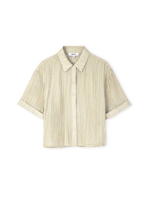 Korte mouwen, lichtbeige shirt van textuurstof. Beschikt over een knoopsluiting aan de voorkant, een klassieke kraag en subtiele verticale strepen.