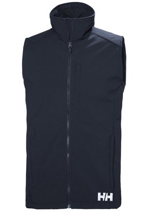 Navy mouwloos vest gemaakt van softshellmateriaal, heeft een hoge kraag, volledige ritssluiting, zijvakken en een wit logo aan de onderlinkerkant.