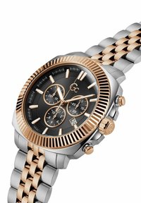 Hronogrāfs ar melnu ciparnīcu, sudraba un rozā zelta akcentiem, spīdīgu metāla korpusu, teksturētu malu un divkrāsu saiti.