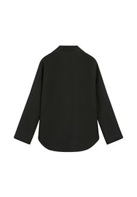 Chemise noire à manches longues avec col pointu, vue de dos, présentant un ourlet incurvé et une texture de tissu lisse.