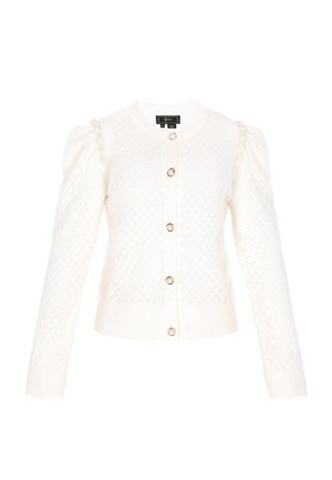 Witte gebreide cardigan met ronde hals, lange mouwen, knoopsluiting aan de voorkant, gestructureerd patroon en pofmouwen met decoratieve accenten.