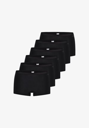 Boxer shorts neri, realizzati in tessuto morbido e elasticizzato. Presentano una vita liscia e una vestibilità aderente, esposti in una fila di sei.