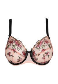 Lace bh in lichtroze met geborduurd bloemdesign in tinten roze en groen. Zwarte afwerking en strikdetail aan de voorkant.