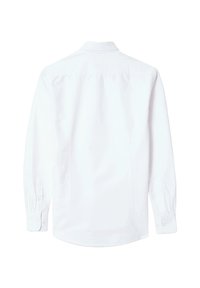Camicia bianca a maniche lunghe con colletto classico, polsini con bottoni e una texture liscia. Presenta un design pulito e minimalista sul retro.