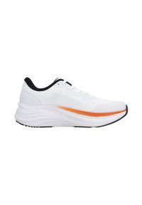 White running shoe with a textured upper, black accents, and an orange stripe. Features a thick sole with a wavy design and traction tread.