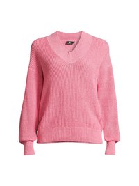 Różowy sweter dzianinowy z dekoltem w kształcie litery V, szerokimi rękawami oraz ściągaczami na mankietach i u dołu. Wytrzymała tkanina ma teksturowany wzór.