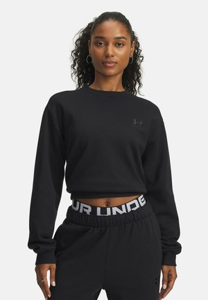 Black cropped sweatshirt with long sleeves and a round neck. Features a small logo on the chest and soft, smooth texture.
