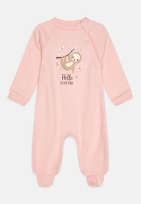 Rózsaszín pamut babapóló hosszú ujjal, zárható elejével, egy lajhár grafikával és a "Helló, Kicsi!" felirattal díszítve.