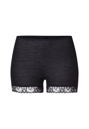 Zwarte geribbelde boyshorts met een zwarte kantafwerking met een ingewikkeld bloemenpatroon langs de onderrand. Zacht materiaal, elastische tailleband.