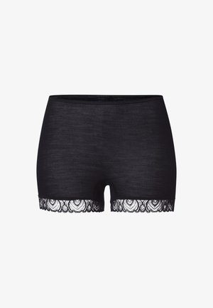 Černé žebrované šortky s krajkovým lemem v černé barvě, který má složitý květinový vzor podél dolního okraje. Měkká látka, elastický pas.