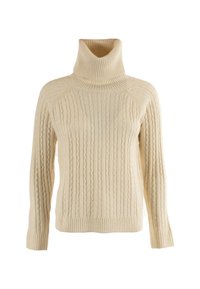 Maglione a collo alto lavorato a maglia di colore crema, con una texture a coste, motivo a trecce e maniche lunghe, caratterizzato da un orlo inferiore aderente.