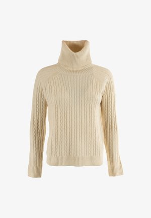 Maglione a collo alto lavorato a maglia di colore crema, con una texture a coste, motivo a trecce e maniche lunghe, caratterizzato da un orlo inferiore aderente.