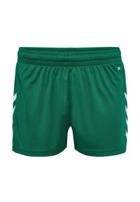 Gröna sportshorts i lättviktsmaterial med ett elastiskt midjeband och vita sidostreck för extra detalj.