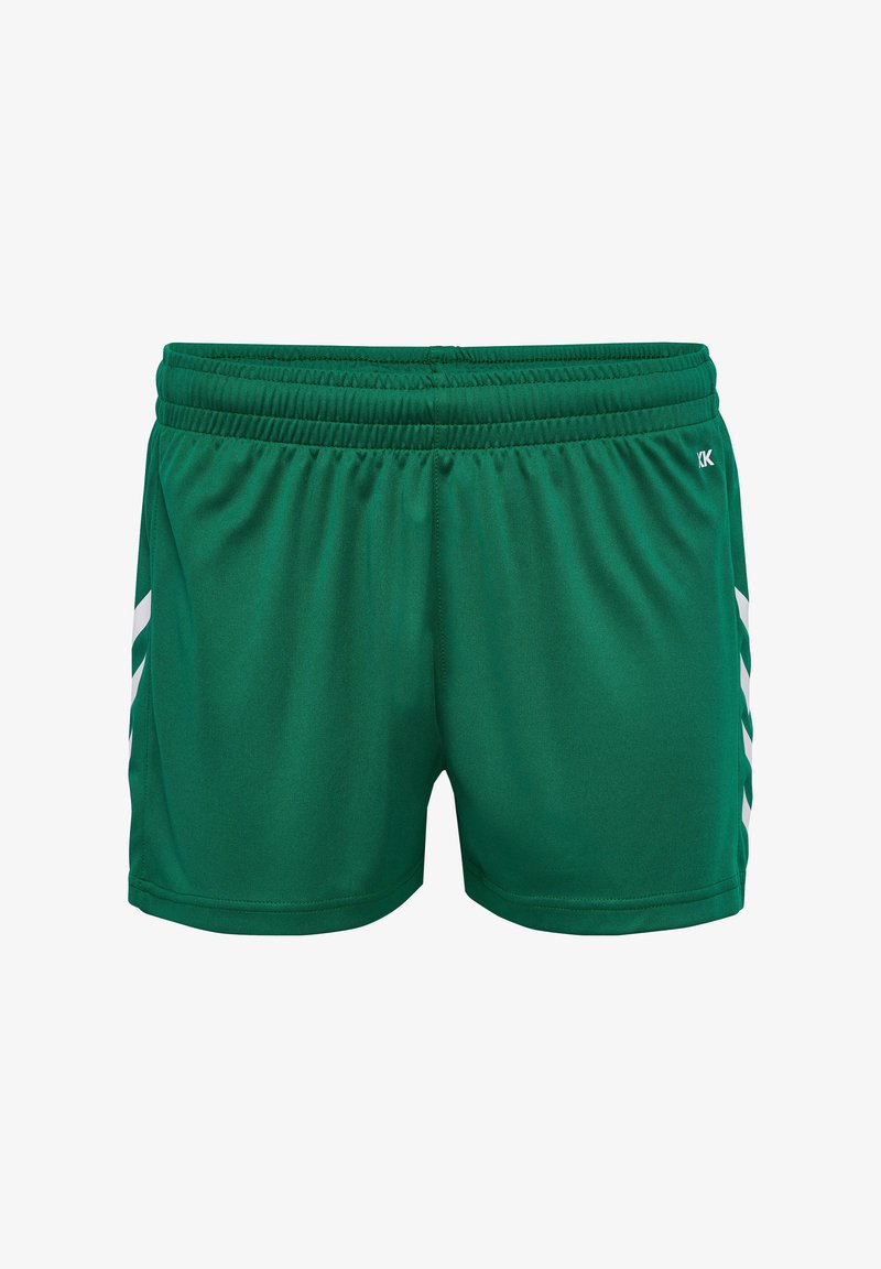 Shorts deportivos verdes hechos de una tela ligera, con una cintura elástica y franjas laterales blancas para un detalle adicional.