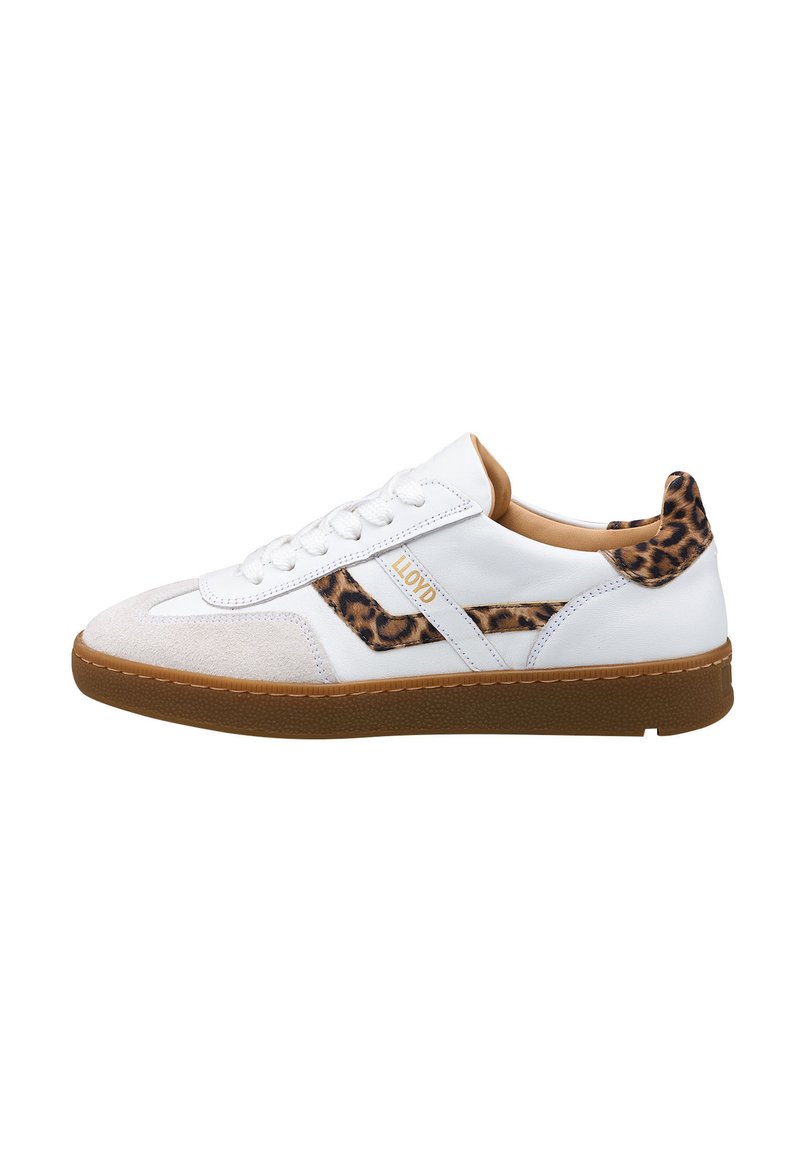 Weiße Leder-Sneaker mit beigem Wildleder-Spitzeneinsatz und Leopardenmuster-Akzenten an Ferse und Seite, ausgestattet mit einer braunen Gummisohle und weißen Schnürsenkeln.