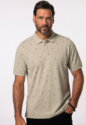 Kurzarm-Polohemd aus beigem Stoff mit kleinen bordeauxfarbenen Palmenmustern, zwei Knöpfen und einem klassischen Kragendesign.