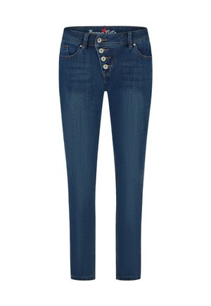 Donkerblauwe slim-fit jeans met vier schuine voorste knopen, voorzakken en riemlussen, afgebeeld op een witte achtergrond.