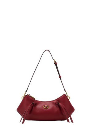 Red leather shoulder bag with adjustable strap, gold-tone clasp, and two decorative leather tassels on each side.