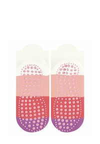 Chaussettes antidérapantes pour enfants FALKE avec un design multicolore comportant des sections blanches, roses, rouges et violettes, et des points de grip texturés sur la semelle.