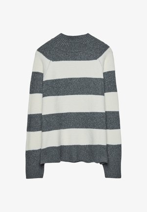 Svetre so šedými a krémovými pruhmi, s vysokým golierom, rebrovaným lemom a mäkkou textúrou. Obsahuje široké horizontálne pruhy a uvoľnený strih.