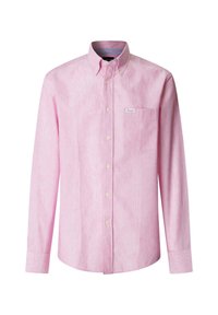 Lichtroze overhemd met lange mouwen, knoopsluiting, een button-down kraag en een borstzak, afgebeeld op een effen witte achtergrond.