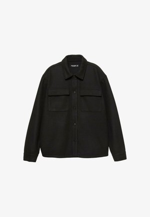 Black wool blend shirt jacket with a collar, button front, and two chest pockets. Features long sleeves and a relaxed fit.