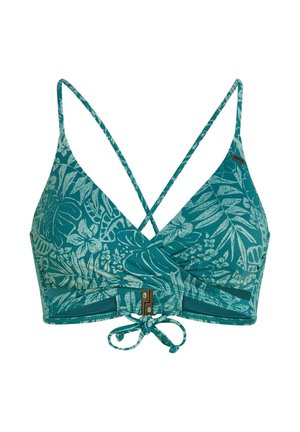 Tumesinise-roheline bikiinide ülaosa lillemustriga, reguleeritavate rihmadega, risttagumise disainiga ja esiklambriga. Tekstureeritud kangas, sile viimistlus.