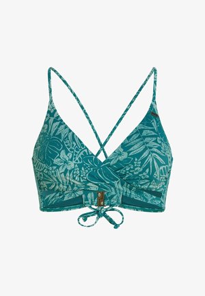 Teal bikini top met een bloemmotief, verstelbare bandjes, een kruisvormig rugontwerp en een sluiting aan de voorkant. Gestructureerde stof met een gladde afwerking.