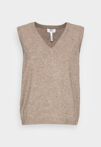 Top in maglia senza maniche color beige con scollatura a V. Texture morbida e vestibilità rilassata, con orlo a coste e design minimalista.