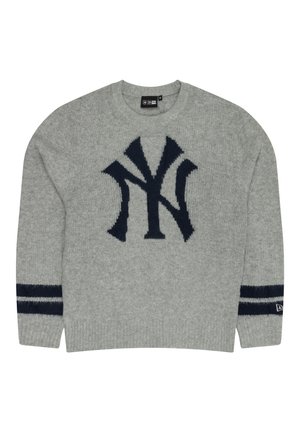 Gray knitted sweater featuring a navy NY logo on the chest and two navy stripes on the sleeves. Ribbed cuffs and hem detail.