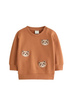 Brun lillebørne sweatshirt med tre vaskebjørn ansigt patches, rund hals, lange ærmer og trykknapper på skulderen.