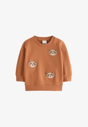 Brun lillebørne sweatshirt med tre vaskebjørn ansigt patches, rund hals, lange ærmer og trykknapper på skulderen.