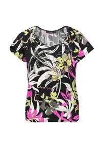 Blouse noire à manches courtes avec un motif floral en rose, vert et blanc ; dotée d'un décolleté en forme de scoop et d'un tissu doux et léger.