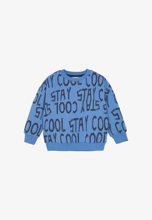 Blue sweatshirt featuring black text that reads "STAY COOL" in a bold, angular font. Ribbed neckline and cuffs. Soft fabric texture.