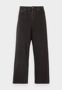 Svarte vid bukser i denim, med knapp- og glidelås-lukking, beltehemper og sidelommer med en svak tekstur.