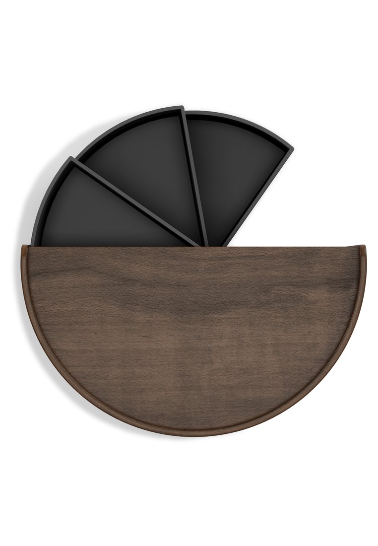 Plateau en bois avec une finition en noyer foncé et trois compartiments circulaires noirs, conçu en forme de demi-lune avec des bords lisses.