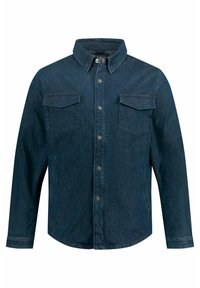 Camicia in denim blu scuro con colletto, chiusura frontale con bottoni, due tasche sul petto, maniche lunghe e orlo dritto. Texture liscia.