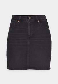 Svart jeansminikjol med figurnära silhuett, fem fickor, kopparfärgade detaljer och subtilt blekt mönster. Midjemått i midjan.