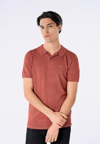 Polo a maniche corte di un color bordeaux mélange, con patta con bottoni e colletto e polsini a costine.