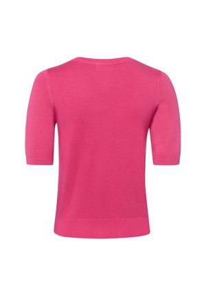 Bright pink short-sleeve knit sweater with ribbed hem and cuffs, shown from the back on a white background.