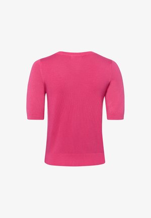 Hellrosa kurzärmliger Strickpullover mit geripptem Saum und Bündchen, von hinten auf weißem Hintergrund gezeigt.