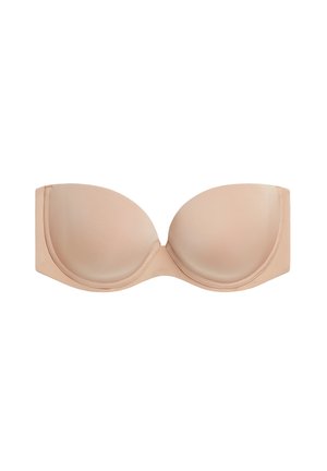 Seno senza spalline in nudo con coppe lisce e modellate e stecche laterali per supporto. Design semplice, senza decorazioni e con una texture liscia.